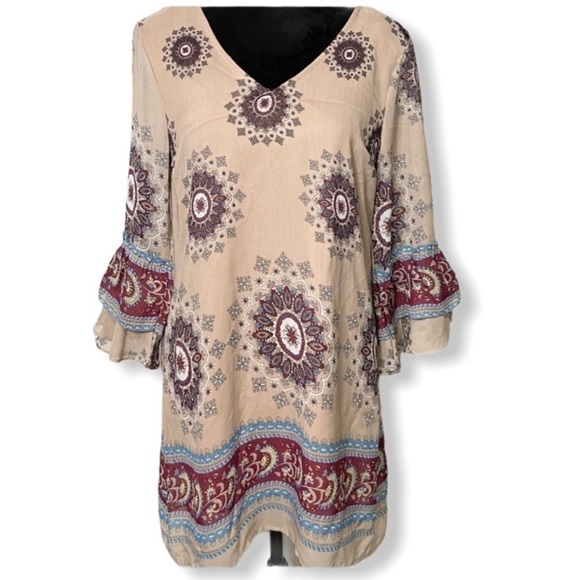 UMGEE NWT Boho Dress Tunic Tan Mandala Medallion Paisley Size Small - Picture 1 of 10